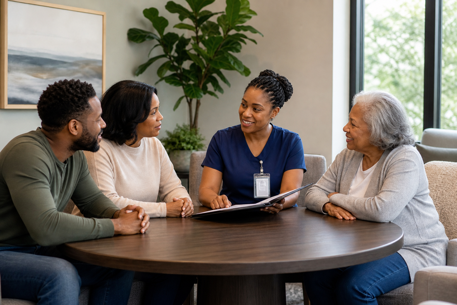Nurse concierge sitting with a family discussing a care plan
